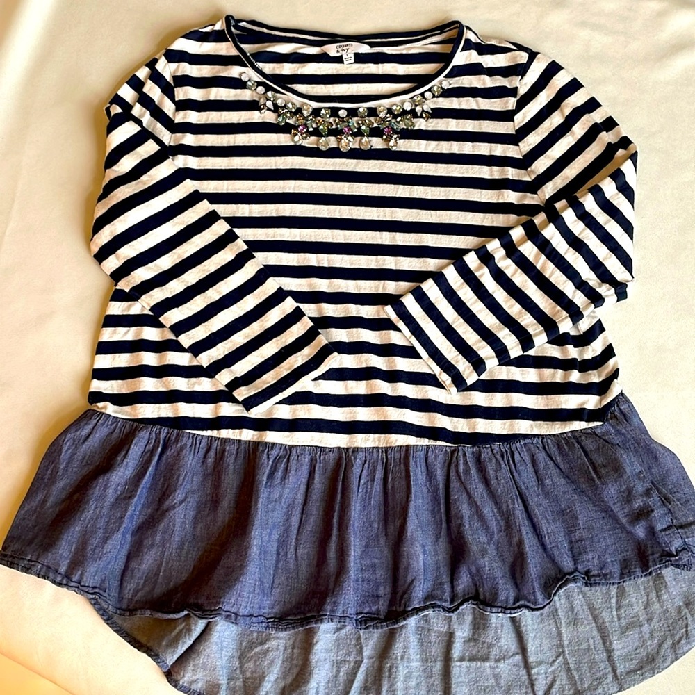 Jeweled Neckline, Navy & White Striped Blouse by crown & ivy, Size Small